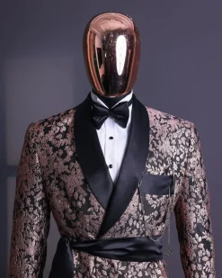 A Floral splashed pink metallic jacquard, shawl lapel wrap tuxedo suit