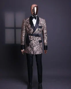 A Floral splashed pink metallic jacquard, shawl lapel wrap tuxedo suit
