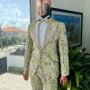 A Floral splashed yellow, mocha and cedar brown, knitted, peak lapel tuxedo suit