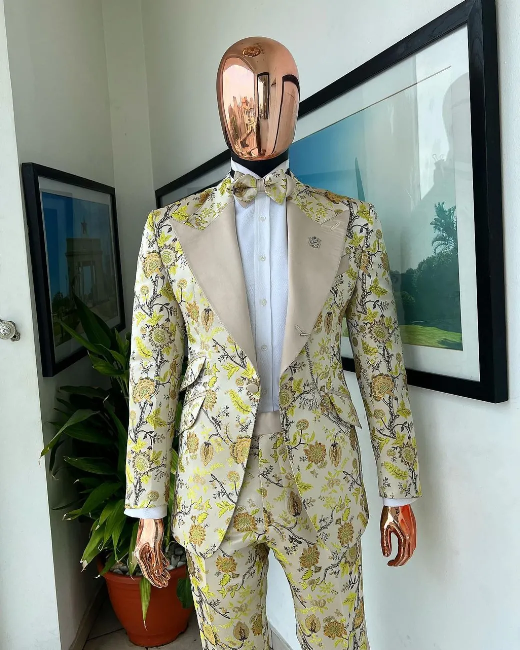 A Floral splashed yellow, mocha and cedar brown, knitted, peak lapel tuxedo suit