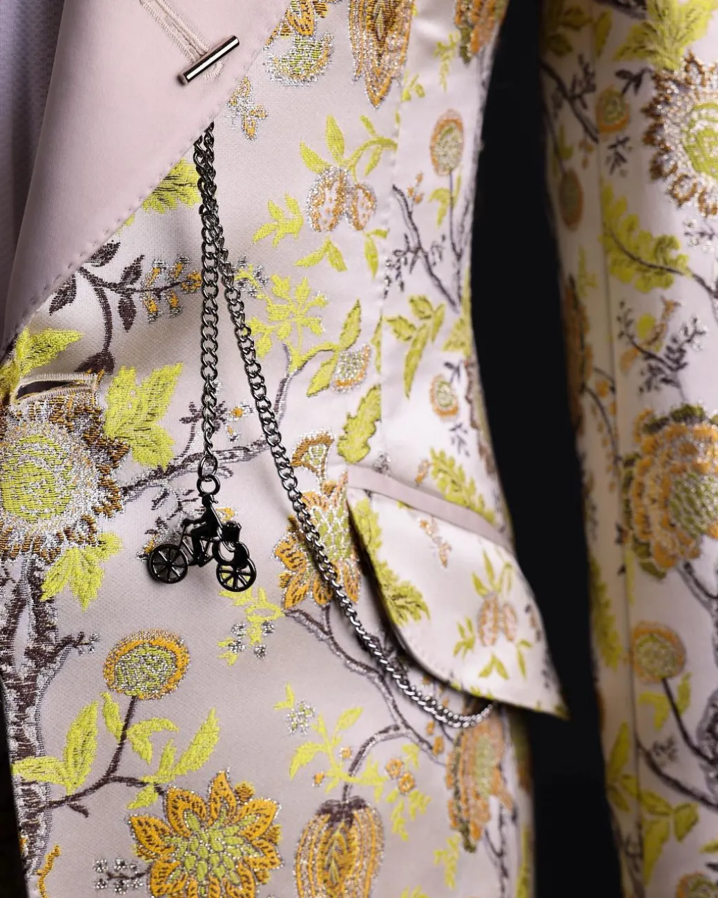 A Floral splashed yellow, mocha and cedar brown, knitted, peak lapel tuxedo suit