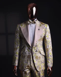 A Floral splashed yellow, mocha and cedar brown, knitted, peak lapel tuxedo suit
