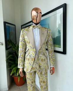 A Floral splashed yellow, mocha and cedar brown, knitted, peak lapel tuxedo suit