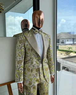 A Floral splashed yellow, mocha and cedar brown, knitted, peak lapel tuxedo suit