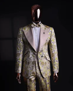 A Floral splashed yellow, mocha and cedar brown, knitted, peak lapel tuxedo suit