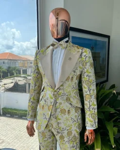 A Floral splashed yellow, mocha and cedar brown, knitted, peak lapel tuxedo suit