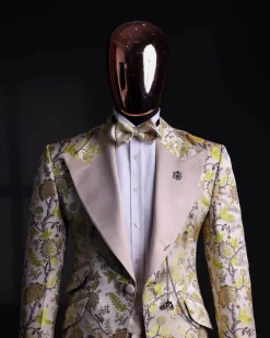 A Floral splashed yellow, mocha and cedar brown, knitted, peak lapel tuxedo suit
