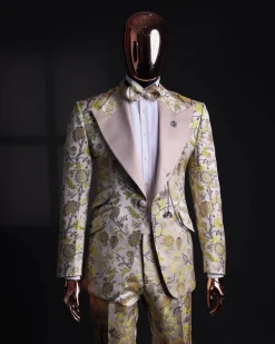 A Floral splashed yellow, mocha and cedar brown, knitted, peak lapel tuxedo suit