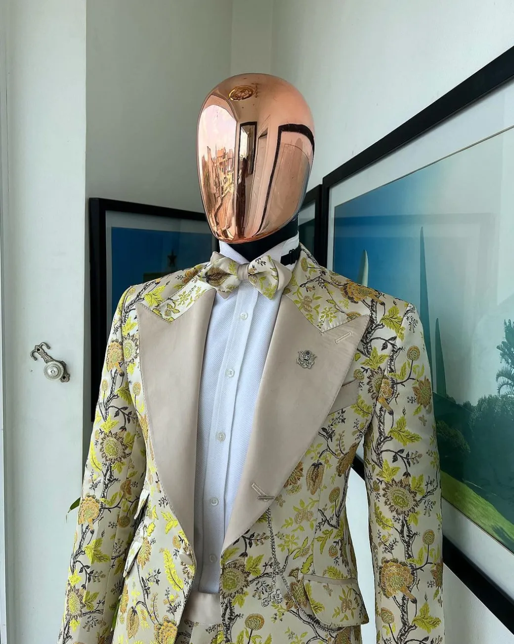 A Floral splashed yellow, mocha and cedar brown, knitted, peak lapel tuxedo suit