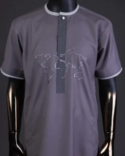 A Fossil grey front flap with crystal Swarovski button, world map embroidery detailing kaftan, and Sokoto
