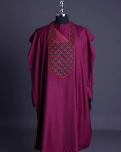 A Garnet red, redundant flame embroidery detailing agbada