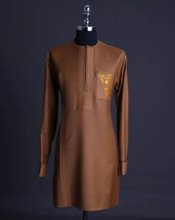 A Gingerbread brown, wide double lane flap, patch pocket with “Golgotha” embroidery detailing African senator kaftan native.