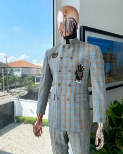 A glen check Arctic blue and honey orange “preacher” double breasted safari suit