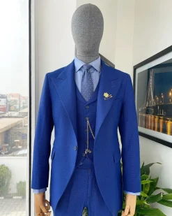 A glen plaid check, lapis blue – nobility – “Board Room” peak lapel suit