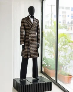 A Gold & Black, Houndstooth Check, Peak Lapel, Front Cut Trench Jacquard Suit