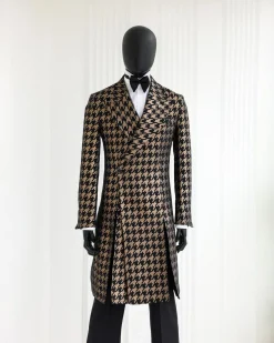 A Gold & Black, Houndstooth Check, Peak Lapel, Front Cut Trench Jacquard Suit