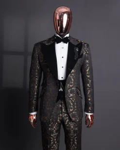 A Gold and black mandarin metallic floral jacquard, peak lapel tuxedo suit