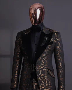 A Gold and black mandarin metallic floral jacquard, peak lapel tuxedo suit.