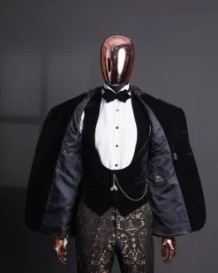 A Gold and black mandarin metallic floral jacquard, peak lapel tuxedo suit