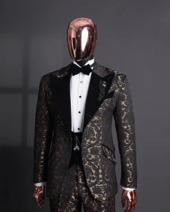 A Gold and black mandarin metallic floral jacquard, peak lapel tuxedo suit