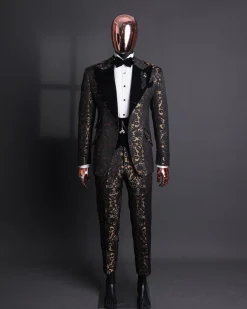 A Gold and black mandarin metallic floral jacquard, peak lapel tuxedo suit