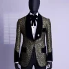 A Gold and black patterned metallic Jacquard tuxedo suit with sharaba wooven edge detailing