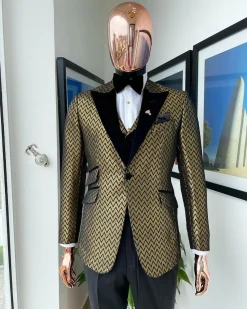 A Gold And Black Zig-Zag Pattern Tuxedo Suit