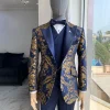 A Gold And Blue “Mandarin” Jacquard Floral Peak Lapel Tuxedo Suit