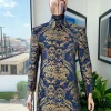 A Gold and blue “Mandarin” jacquard floral safari suit