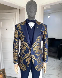 A Gold And Blue “Mandarin” Jacquard Floral Peak Lapel Tuxedo Suit
