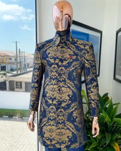 A Gold and blue “Mandarin” jacquard floral safari suit