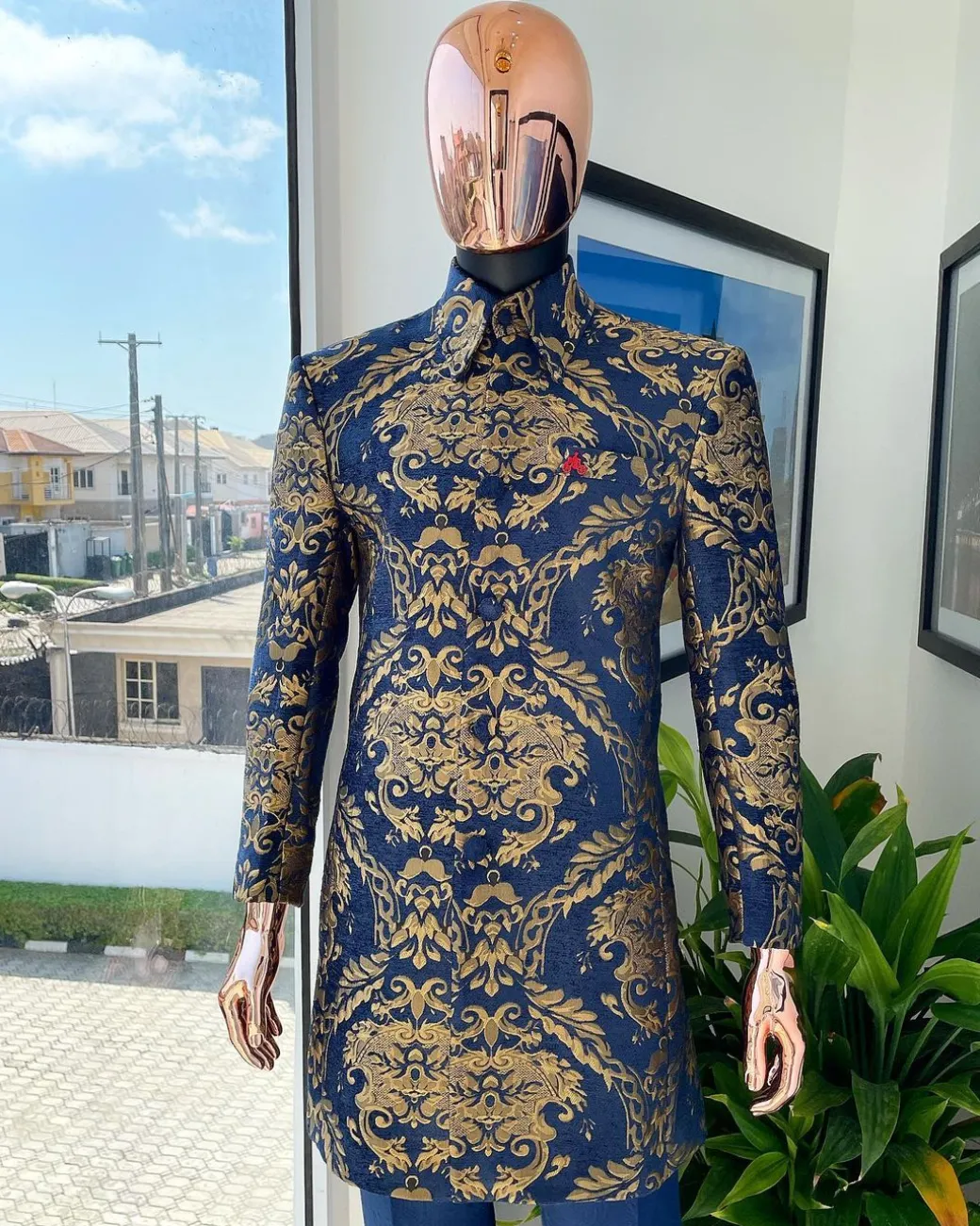A Gold and blue “Mandarin” jacquard floral safari suit
