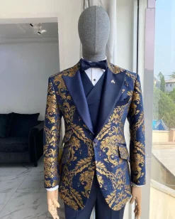 A Gold And Blue “Mandarin” Jacquard Floral Peak Lapel Tuxedo Suit