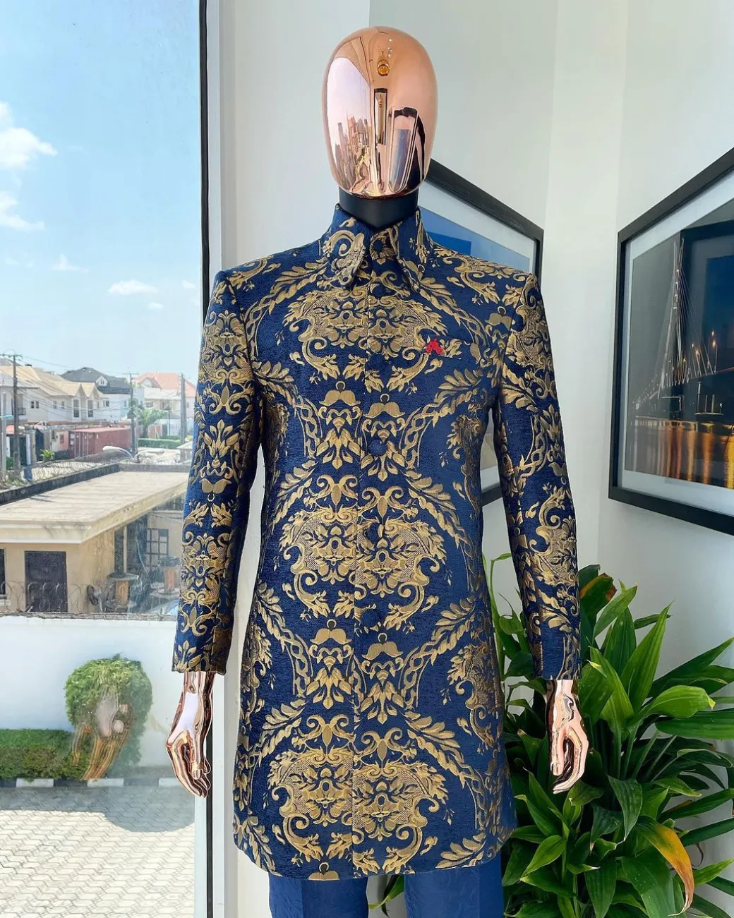 A Gold and blue “Mandarin” jacquard floral safari suit
