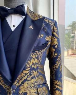 A Gold And Blue “Mandarin” Jacquard Floral Peak Lapel Tuxedo Suit