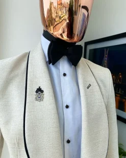 A Gold And ivory “Mandarin” invisible Pattern Ivory white shawl lapel jacquard Suit