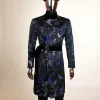 A Gold, black and blue double breasted safari suit, raven and forest metallic pattern jacquard