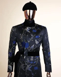 A Gold, black and blue double breasted safari suit, raven and forest metallic pattern jacquard