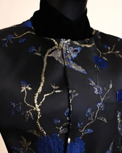 A Gold, black and blue double breasted safari suit, raven and forest metallic pattern jacquard