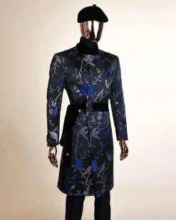 A Gold, black and blue double breasted safari suit, raven and forest metallic pattern jacquard