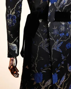 A Gold, black and blue double breasted safari suit, raven and forest metallic pattern jacquard