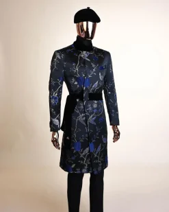 A Gold, black and blue double breasted safari suit, raven and forest metallic pattern jacquard