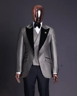 A Gold, Black And Silver Mix Metallic Jacquard, Peak Lapel Tuxedo Suit.