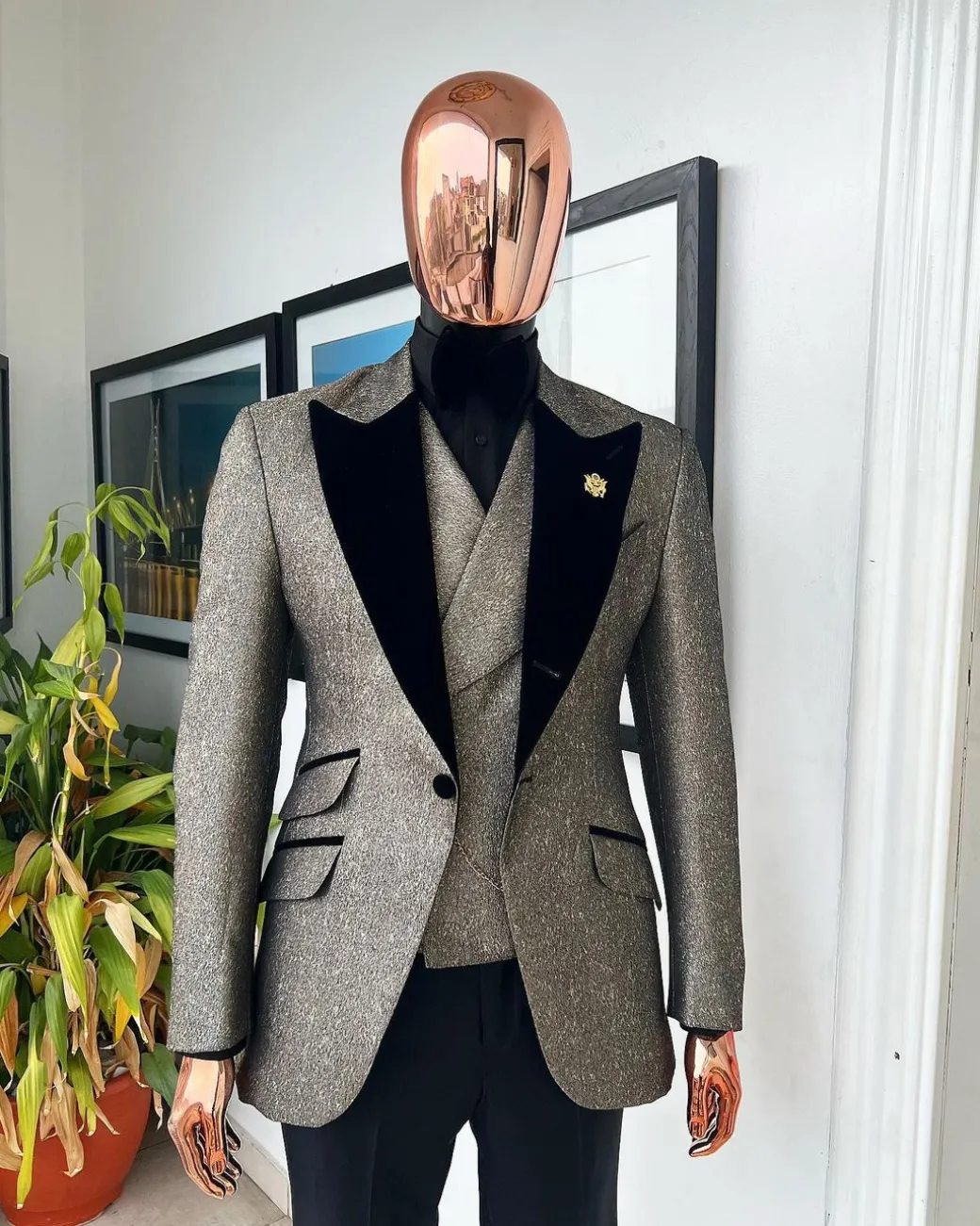 A Gold, black and silver mix metallic jacquard, peak lapel tuxedo suit
