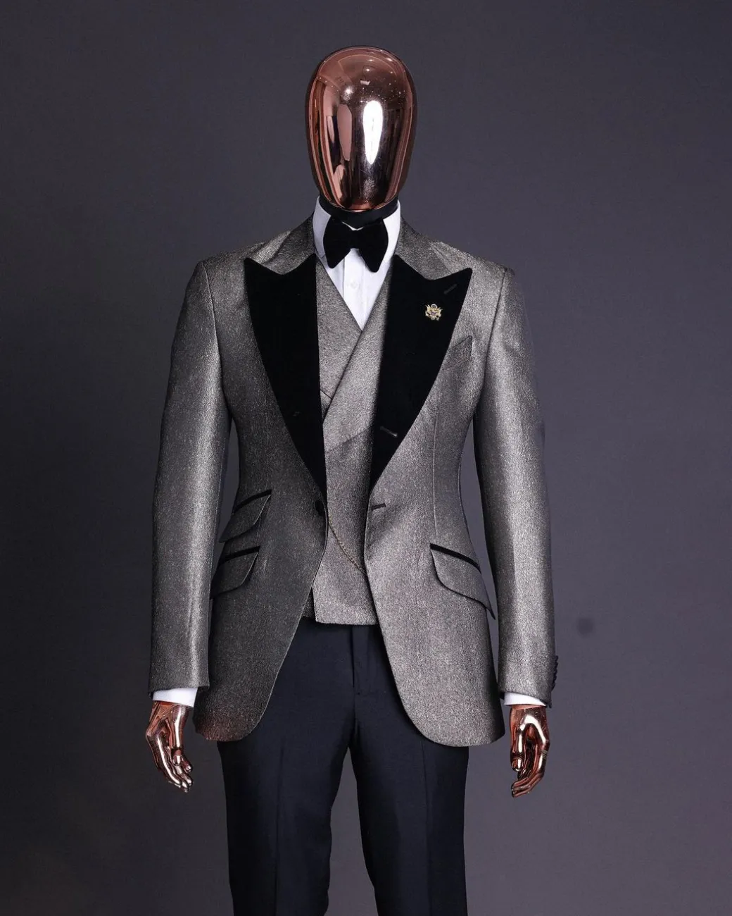 A Gold, Black And Silver Mix Metallic Jacquard, Peak Lapel Tuxedo Suit.