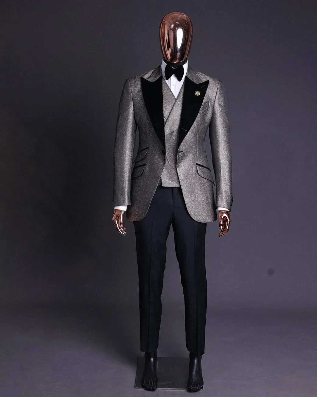 A Gold, Black And Silver Mix Metallic Jacquard, Peak Lapel Tuxedo Suit.