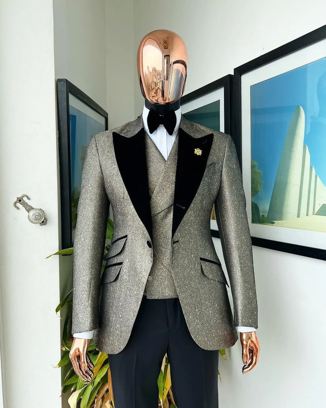 A Gold, Black And Silver Mix Metallic Jacquard, Peak Lapel Tuxedo Suit.