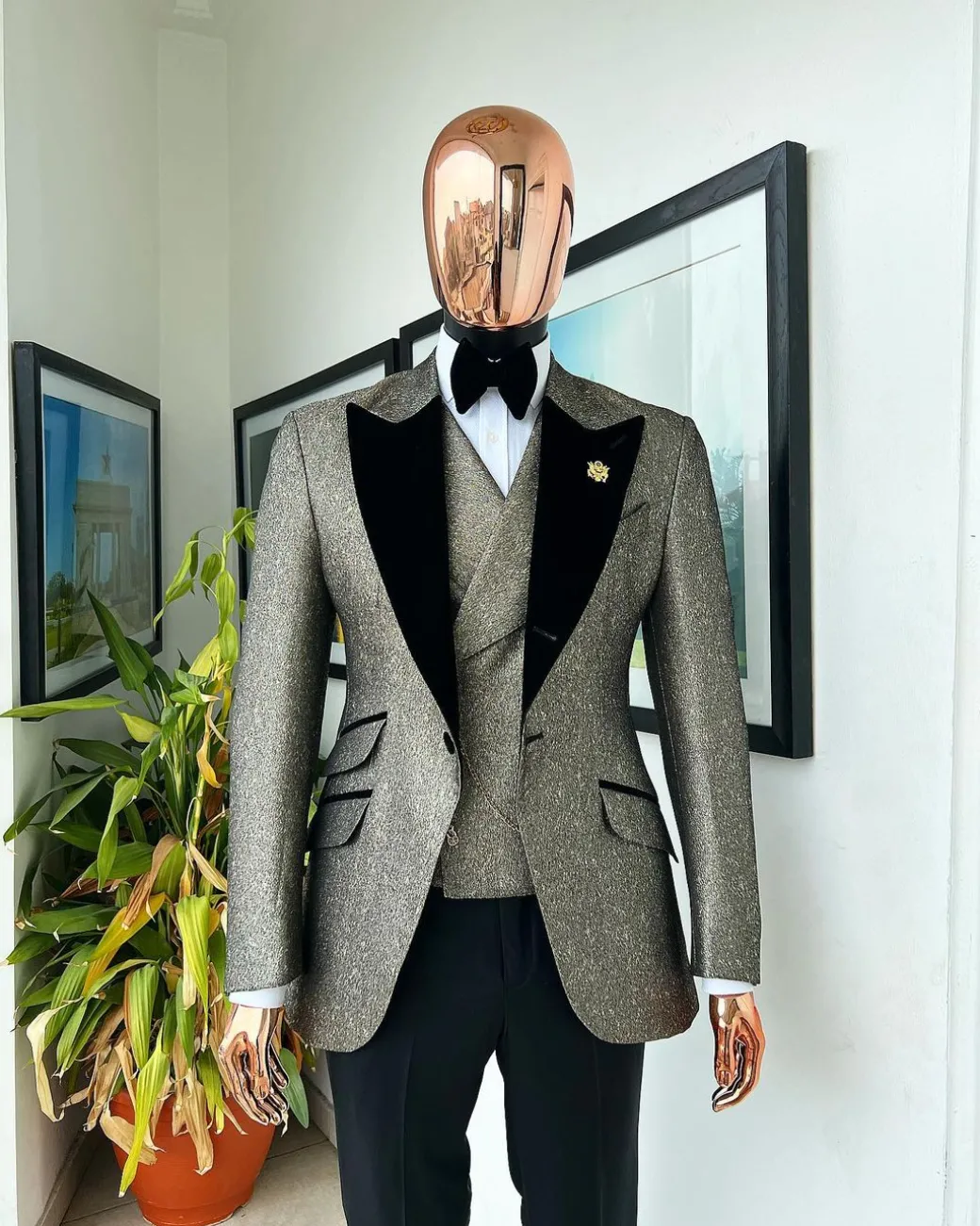 A Gold, Black And Silver Mix Metallic Jacquard, Peak Lapel Tuxedo Suit.
