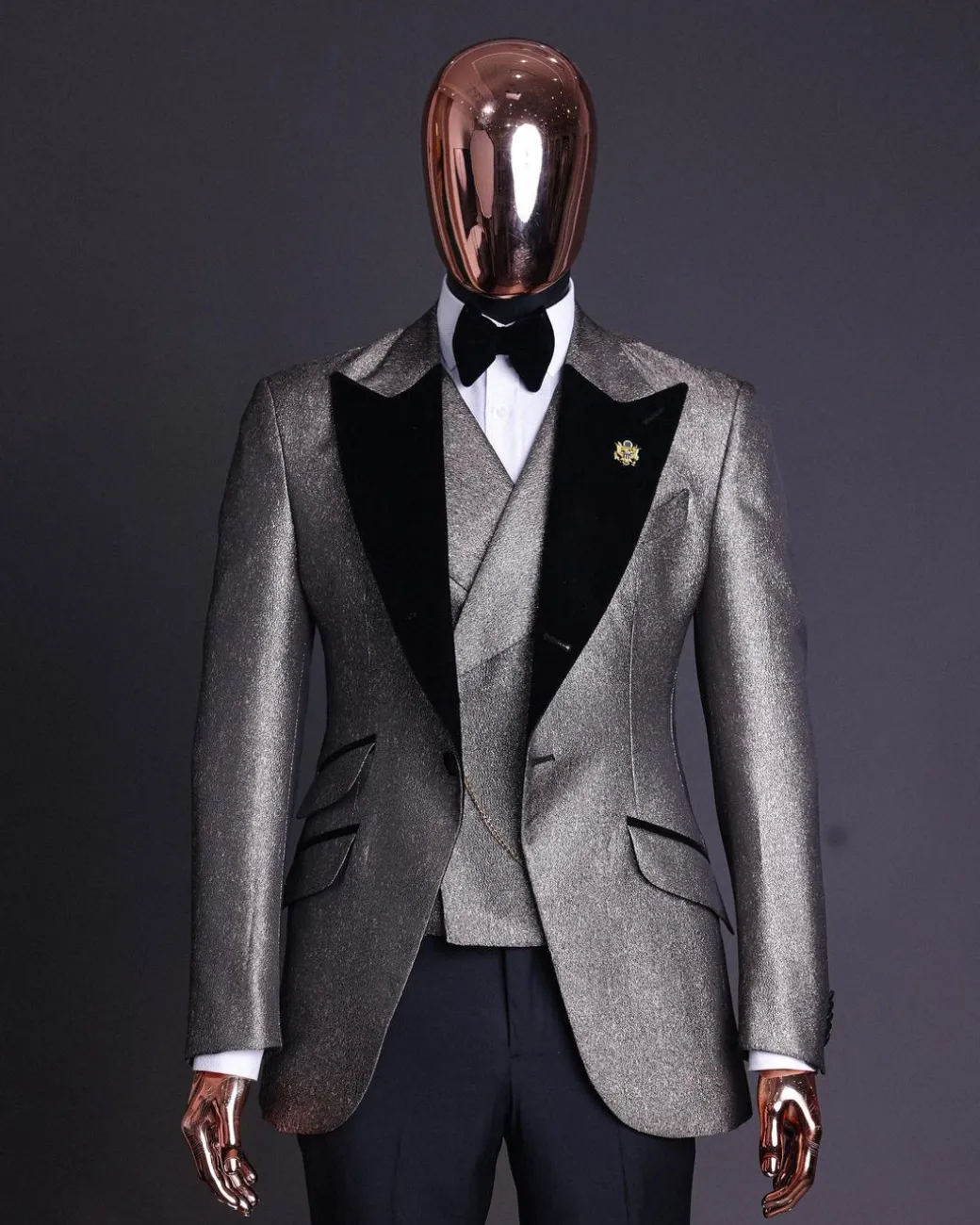 A Gold, Black And Silver Mix Metallic Jacquard, Peak Lapel Tuxedo Suit.