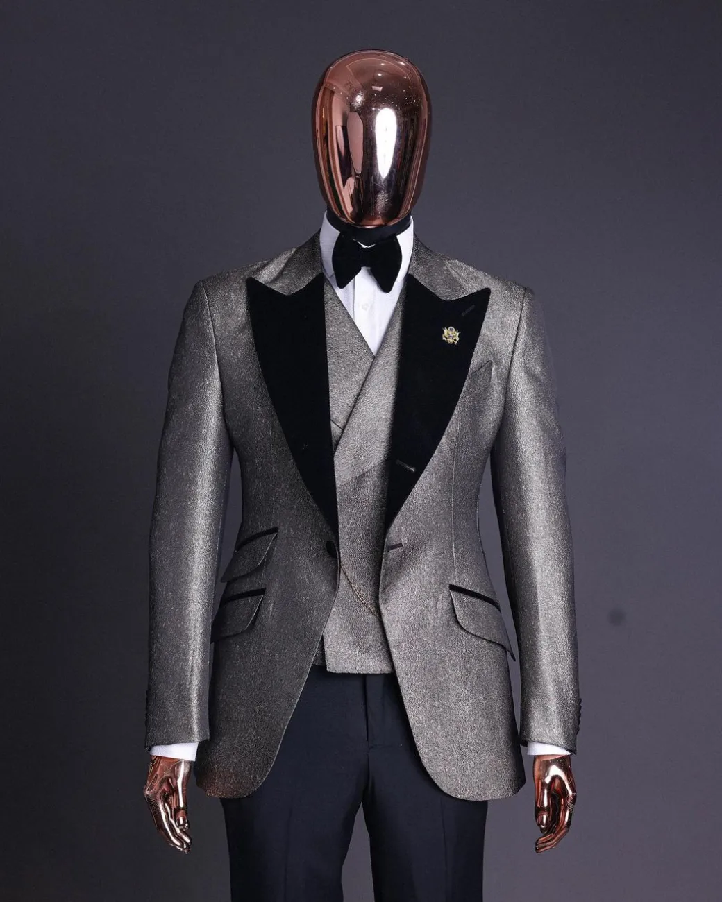 A Gold, Black And Silver Mix Metallic Jacquard, Peak Lapel Tuxedo Suit.